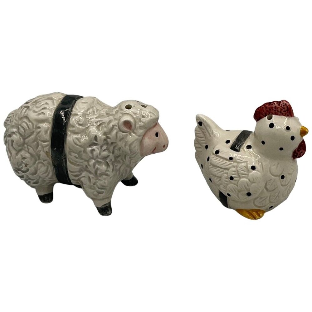 Vintage OCI Omnibus Farmer Santa Ceramic Lamb & Chicken Salt & Pepper Shakers